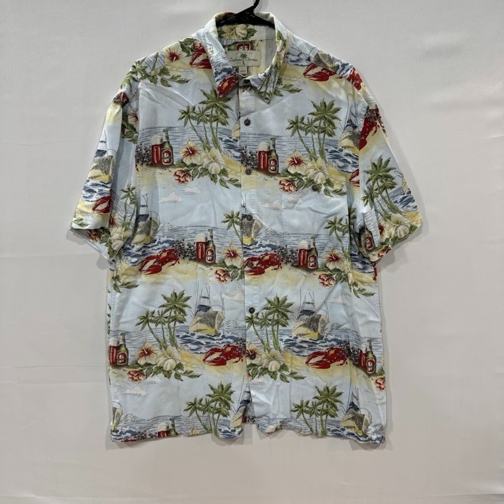 Vintage Island Shores‎ Hawaiian Shirt Mens L Blue Tropical Crab Beer Print Rayon